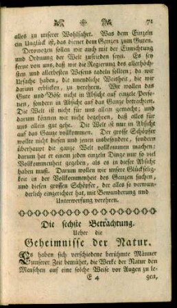 Die sechste Betrachtung. Ueber die Geheimnisse der Natur