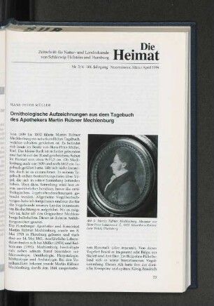 Ornithologische Aufzeichnungen aus dem Tagebuch des Apothekers Martin Rübner Mechlenburg