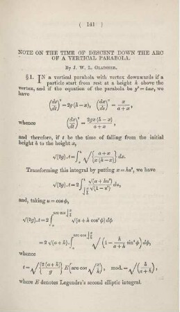 Note on the time of descent down the arc of a vertical parabola.