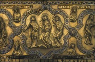 Schrein des heiligen Maurinus — Märtyrerdarstellungen, Kardinaltugenden und Heiligen mit Spruchbändern — Märtyrerdarstellungen — Die Steinigung des Stephanus