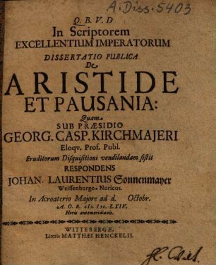 In scriptorem excellentium imperatorum dissertatio publica de Aristide et Pausania