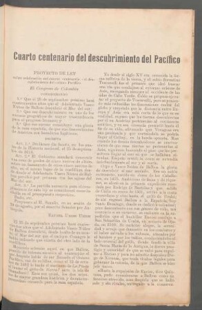 Cuarto centenario del descubrimiento del Pacífico : Proyecto de ley sobre celebración del cuarto centenario del descubrimiento del océano Pacífico el Congreso de Colombia