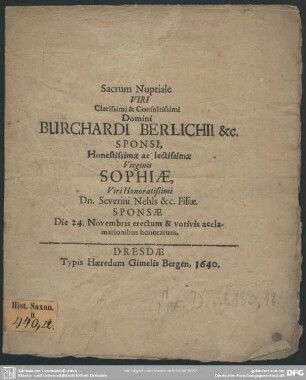 Sacrum nuptiale Burchard Berlichii sponsi, virginis Sophiae viri Nehls filiae sponsae die 24. nov. erectum
