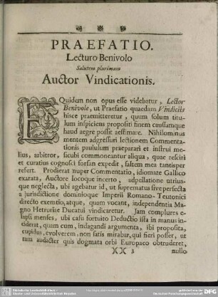 Praefatio. Lecturo Benivolo Salutem plurimam Auctor Vindicationis