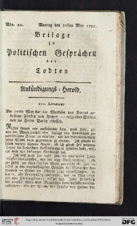 Beilage zu Politischen Gesprächen der Todten. Ankündigungs-Herold. Nro. 44