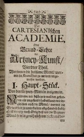 I. Haupt-Stück. Von den Artzney-Mitteln insgemein