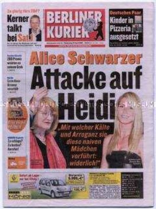 Fragment der lokalen Tageszeitung "Berliner Kurier" u.a. über einen Prozess gegen islamische Terroristen deutscher Herkunft ("Sauerlandgruppe")
