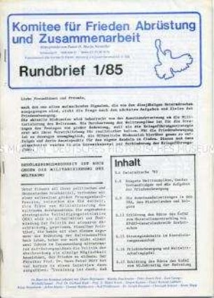 Mitteilungsblatt (Rundbrief) des Komitees für Frieden, Abrüstung und Zusammenarbeit u.a. zur Haltung der Bevölkerung in der BRD gegenüber dem SDI - Programm (Abwehrschirm gegen Interkontinentalraketen) der USA und den Abrüstungsverhandlungen in Genf 1985 - Sachkonvolut