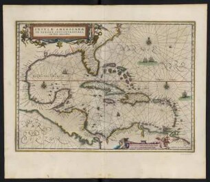 Seekarte von Westindien (Westindische Inseln), ca. 1:10 000 000, kolorierter Kupferstich, 1645 : Insulae Americanae In Oceano Septentrionali, cum Terris adiacentibus. - [Ca. 1:10.000.000]. - Amstelodami//Amsterdam : Ioannes Ianssonius, [1645]. - 1 Kt : Kupferst ; 36 x 50 cm. - Maßstab in graph. Form (Scala trium Miliarium vel vigintiquatuor Statiorum, English miles, Milliaria Germanica Comm.)