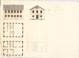 Voit, Johann Michael; Wohnhaus - Grundrisse, Ansichten, Querschnitt, Längsschnitt)