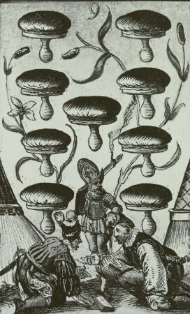 Acht Karten eines Kartenspiels "Druckerballen" : Holzschnitt, Spielkarte: Druckerballen - Neun, 16. Jh.