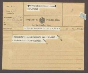 Glückwunschtelegramm vom Volksverein Kaiserslautern an Hermann Hummel, 1 Telegramm