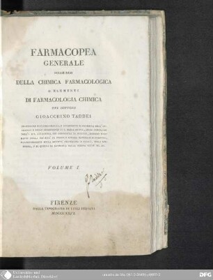 1: Farmacopea generale sulle Basi della Chimica farmacologica o Elementi di Farmacologia chimica