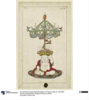 Ein auf flacher Schale sitzender Buddha mit Pagode