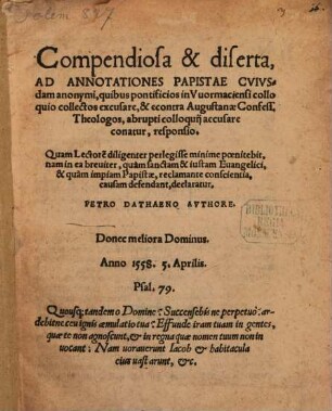 Compendiosa & diserta, Ad Annotationes Papistae Cvivsdam anonymi ... responsio