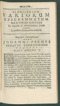 Florilegium Variorum Epigrammatum Martinus Opitius Ex vetustis ac recentioribus Poetis congessit & versibus Germanicis reddidit.
