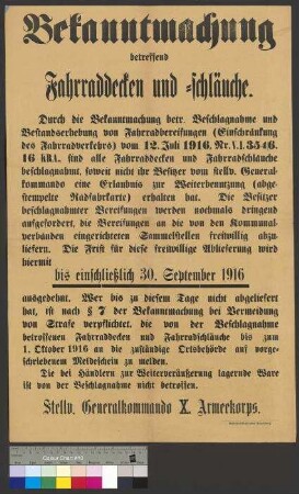 Bekanntmachung des Stellvertretenden Generalkommandos zur Ablieferung von beschlagnahmten Fahrradbereifungen
