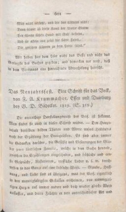 601-602 [Rezension] Krummacher, Friedrich Adolf, Das Neujahrsfest