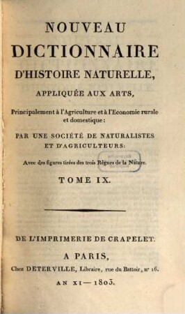 Nouveau dictionnaire d'histoire naturelle, appliquée aux arts, principalement à l'agriculture et à l'économie rurale et domestique : avec des figures tirées des trois règnes de la nature, 9. Fou - Gor
