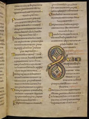 Flechtbandinitiale S mit Tierkopfausläufern und Textanschluss (Ps 68)