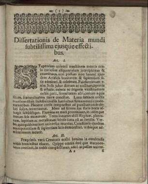 Dissertationis de Materia mundi subtilissima ejusqúe effectibus.