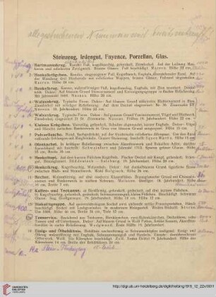 Steinzeug, Irdengut, Fayence, Porzellan, Glas (Nr. 1-67)
