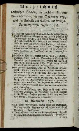 Verzeichniß derjenigen Sachen, in welchen seit dem November 1797 bis zum November 1798. wichtige Urtheile am kaiserl. und Reichs-Cammergerichte ergangen sind.