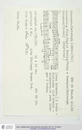 Concerto. a Flut. Trav. 2 Violin / Viola e Cembalo / Christoph Graupner