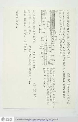 Concerto. a Flut. Trav. 2 Violin / Viola e Cembalo / Christoph Graupner