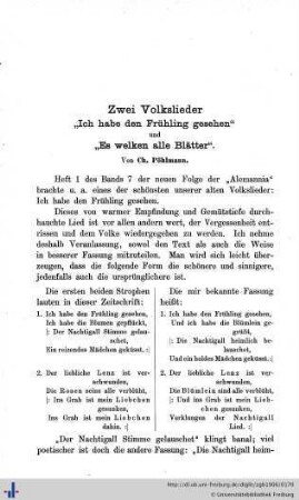 Zwei Volkslieder "Ich habe den Frühling gesehen" und "Es welken alle Blätter".