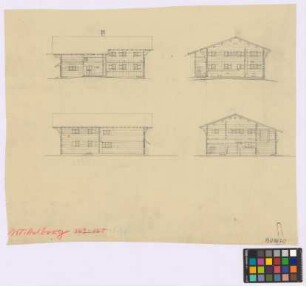 Mittelberg (Kleinwalsertal, [Landkreis Sonthofen]): Hof Moosbrugger. Haupthaus (zwei Seiten-Ansichten, zwei Giebel-Ansichten)
