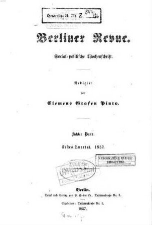 Berliner Revue : social-politische Wochenschrift. 1857,1, 1857,1 = Bd. 8