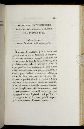 Osservazioni Meteorologiche Del Sig. Gio. Federico Mayer Per L' Anno 1821.