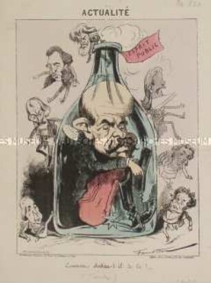 Actualité. - Karikatur auf Trochu in einer Flasche (Favre, Ferry , Garnier-Pagès, Picard, Dufaure u.a.)