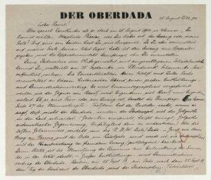 Brief von Johannes Baader an Raoul Hausmann. Berlin. Briefkopf: Der Oberdada. Mit Anmerkung von Hannah Höch.