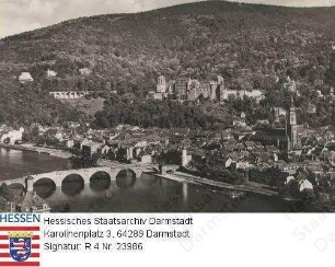 Heidelberg, Blick vom Philosophenweg auf Stadt, Neckarbrücke und Schloss