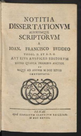 Notitia Dissertationvm Aliorvmqve Scriptorvm
