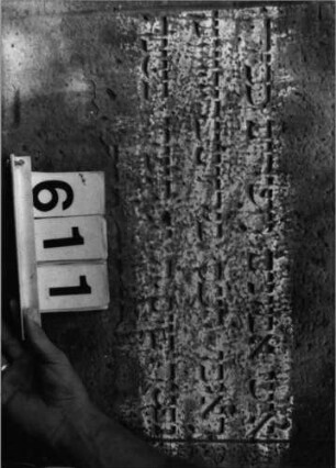 Grabstein 611 (Index: 99802886) Material: Sandstein Zustand: Inschrift abgeblättert/Textverlust Maße HxBxT: 80x63x9 cm Beschreibung: Stele mit eingezogenem Rundbogen: Grabstein 611 (Detailaufnahme)