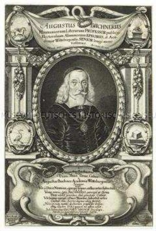 Bildnis des Philologen und Dichters August Buchner in ovalem Rahmen, gerahmt von einer Architekturkulisse mit Medaillons, Blumengirlanden und Schwänen