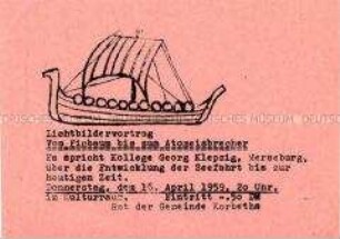 Einladungskarte zu einem Lichtbildervortrag über die Geschichte der Seefahrt