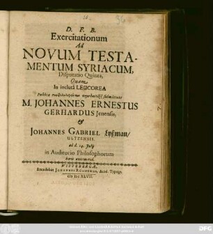 5: Exercitationum Ad Novum Testamentum Syriacum, Disputatio ...