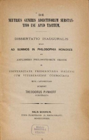 De neutrius generis adiectivorum substantivo usu apud Tacitum : (Haller Doctordiss.)