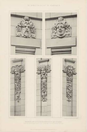 Masken und Pfeilerverzierungen an der Fassade der Ruhmeshalle in Barmen