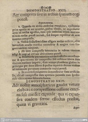 DEMONSTRATIO XXIII. Aer comprimi sive in arctius spatium cogi potest.