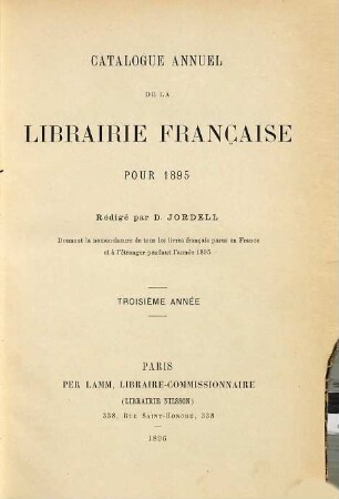 Catalogue annuel de la librairie française. 3. 1895