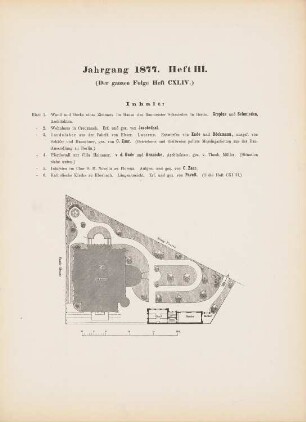 Villa Hainauer: Inhaltsverzeichnis, Lageplan und Grundriss Pferdestall (aus: Architektonisches Skizzenbuch, H. 144/3, 1877)