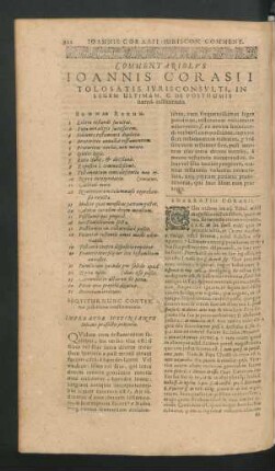 Commentariolus Iohannis Corasii Tolosatis Iurisconsulti, in Legem Ultimam, C. de Posthumus haered. instituendis.