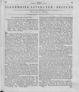 Pölitz, K. H. L.: Staatswissenschaftliche Vorlesungen für die gebildeten Stände in constitutionellen Staaten. Leipzig: Hinrichs 1831