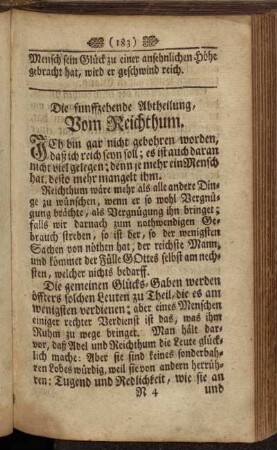 Die funffzehende Abtheilung, Vom Reichthum. - Die sechzehende Abtheilung, Von Ehrgeitz und hohen Ehrenstellen.