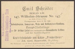 Werbepostkarte Kolonialwarenhandlung "Emil Schröder", Wilhelmstraße 147